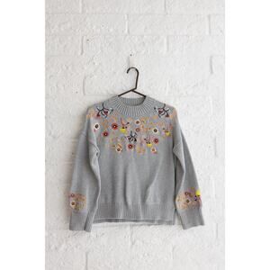 Boden Grey Floral Embroidered Sweater | Cottagecore Knit Jumper Size US 4